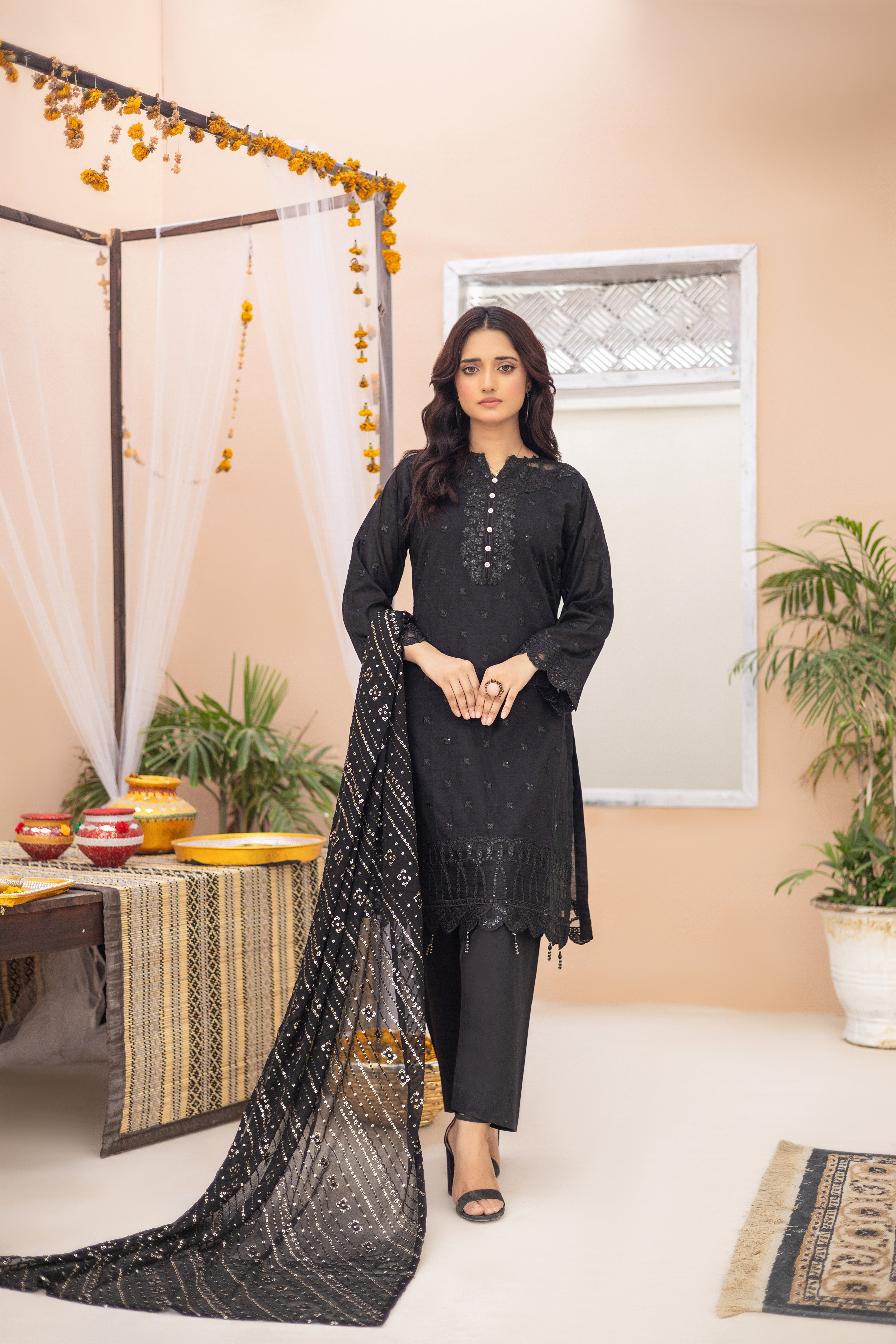 Qaraar-black-Semi Stitched Lawn