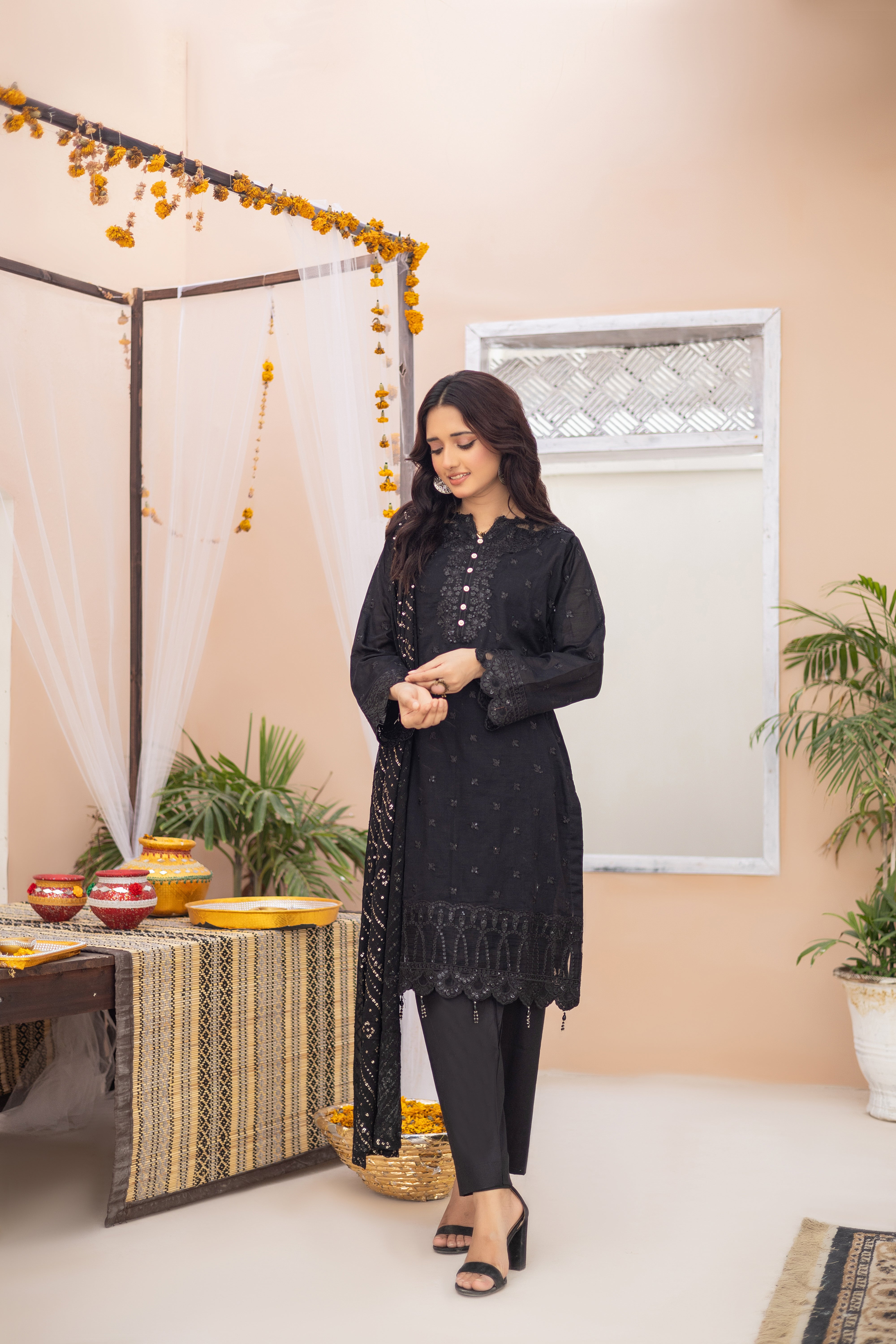 Qaraar-black-Semi Stitched Lawn