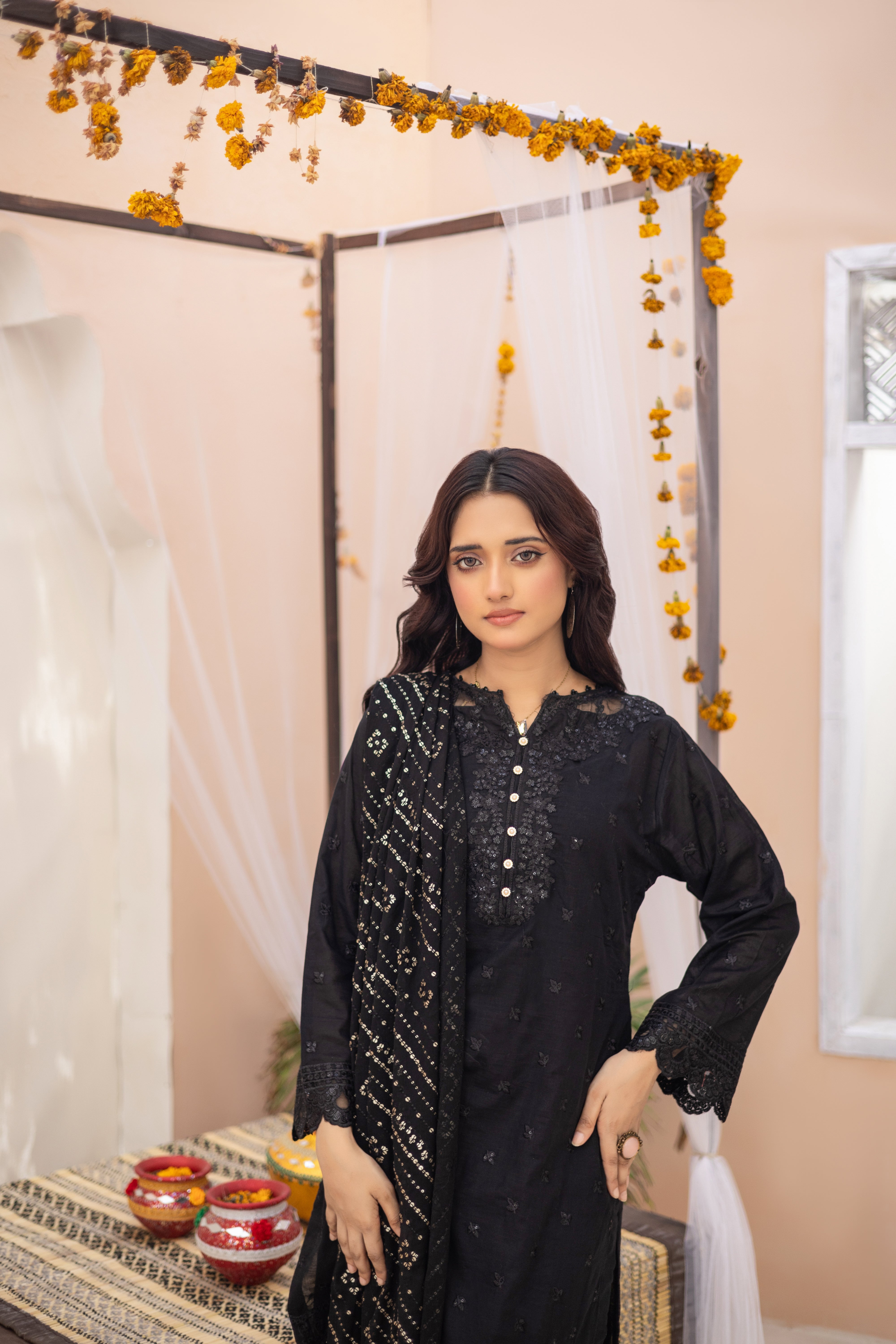 Qaraar-black-Semi Stitched Lawn