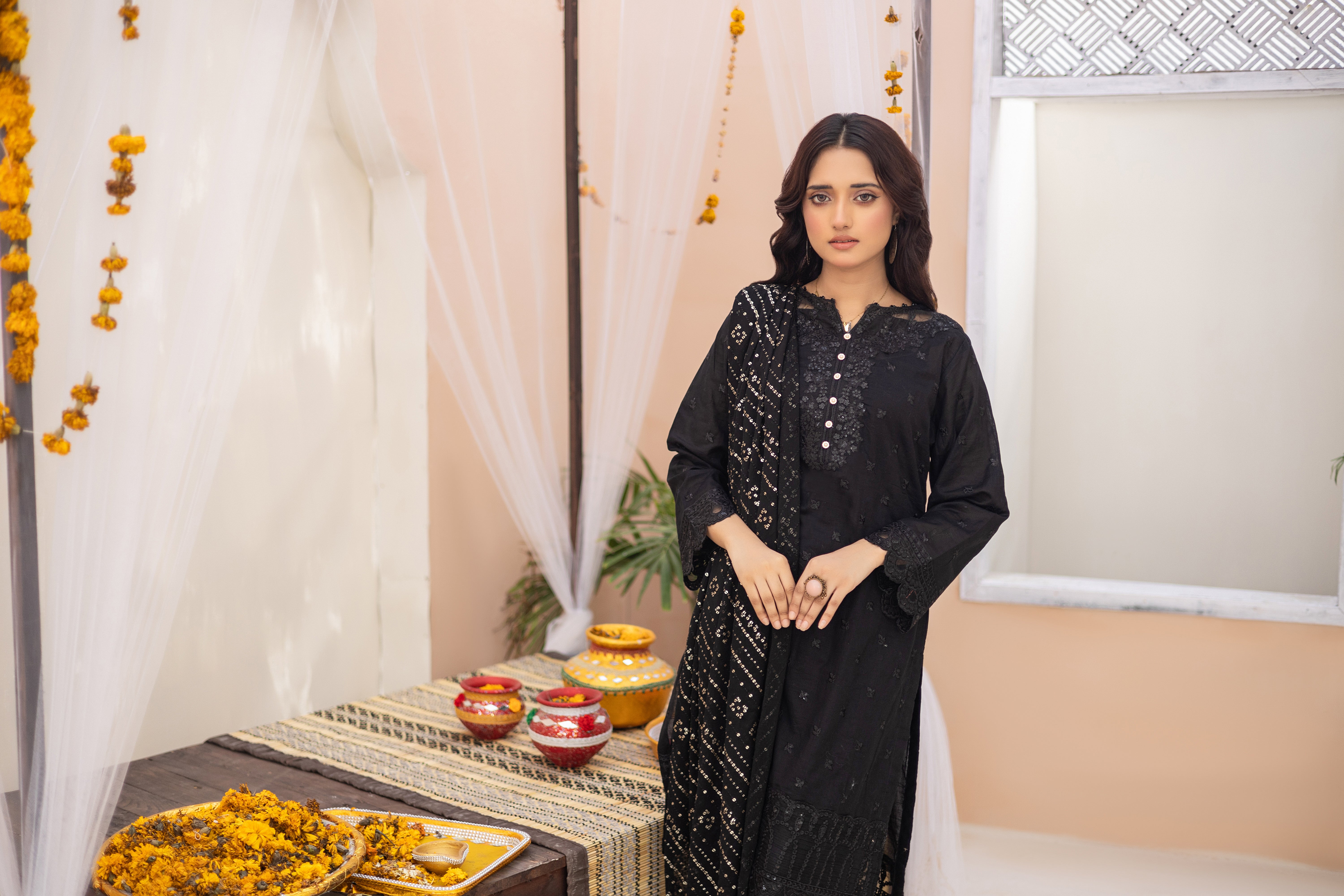 Qaraar-black-Semi Stitched Lawn