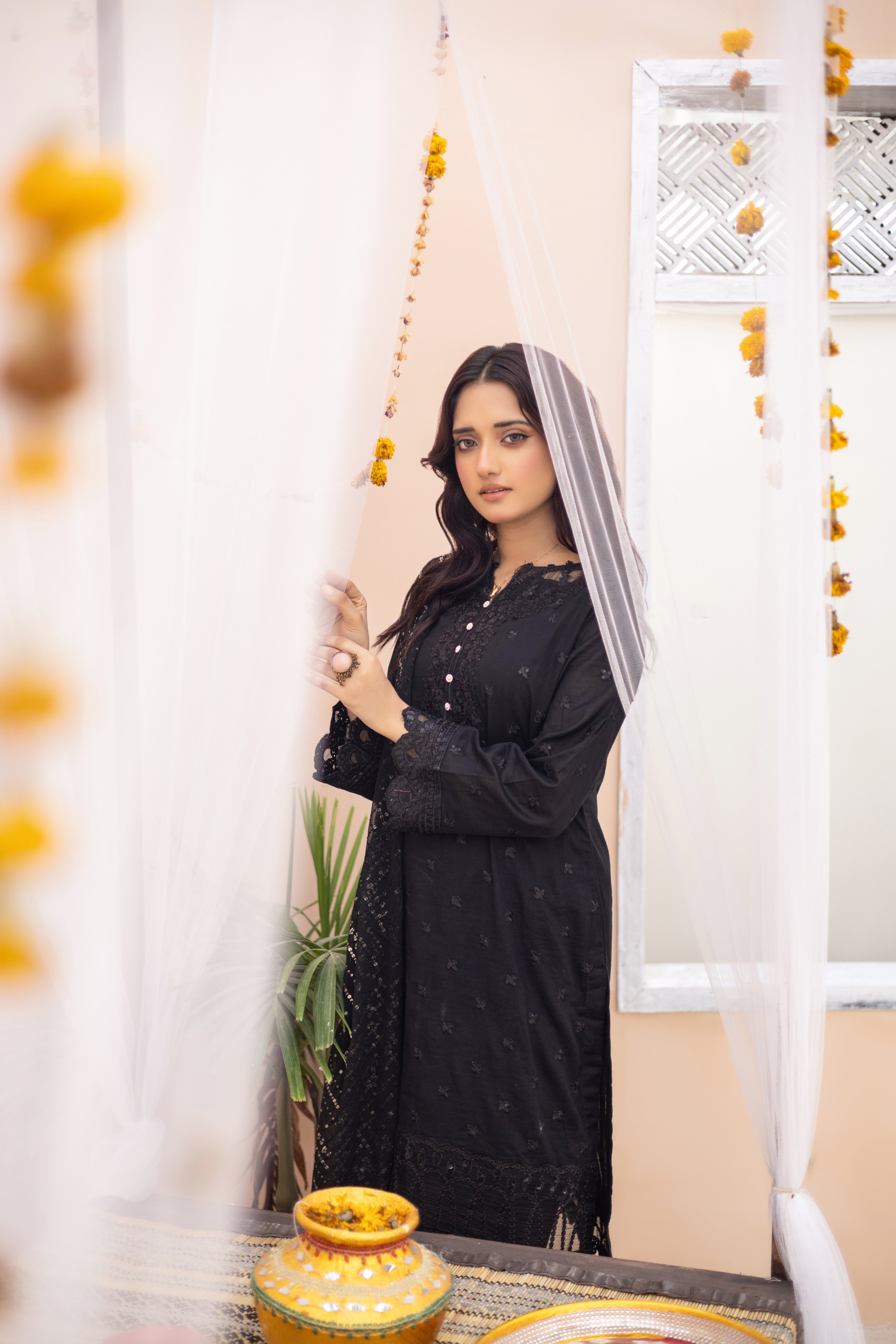 Qaraar-black-Semi Stitched Lawn